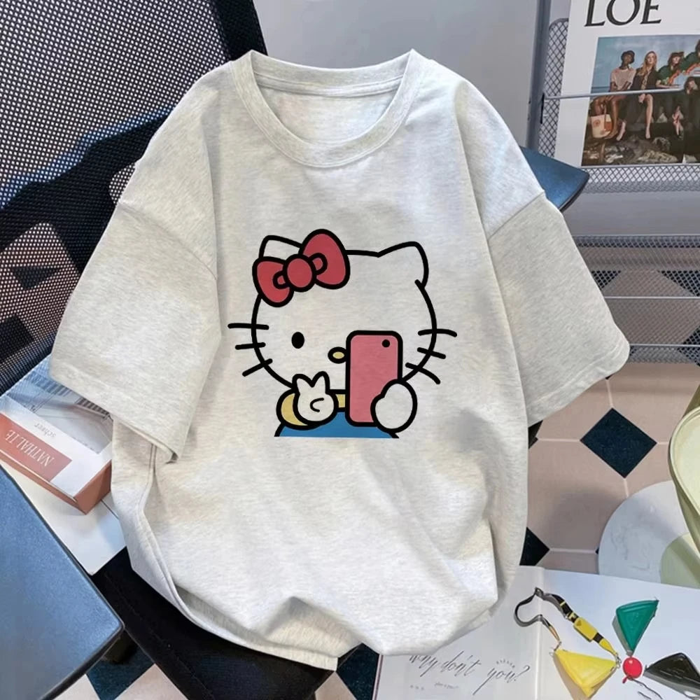 Plus Size Cute Hellokitty Design Printed T-shirts Summer Fashion High Quality Short Sleeved Casual Sports Loose Pullover Tops