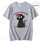 Women'S Casual Graphic T-Shirt - Meowy Christmas Print, Short Sleeve O Neck Top for Christmas Xmas T-Shirts Christmas Santa Tees