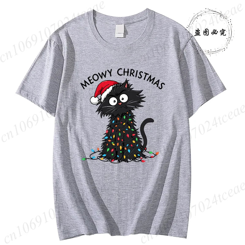 Women'S Casual Graphic T-Shirt - Meowy Christmas Print, Short Sleeve O Neck Top for Christmas Xmas T-Shirts Christmas Santa Tees