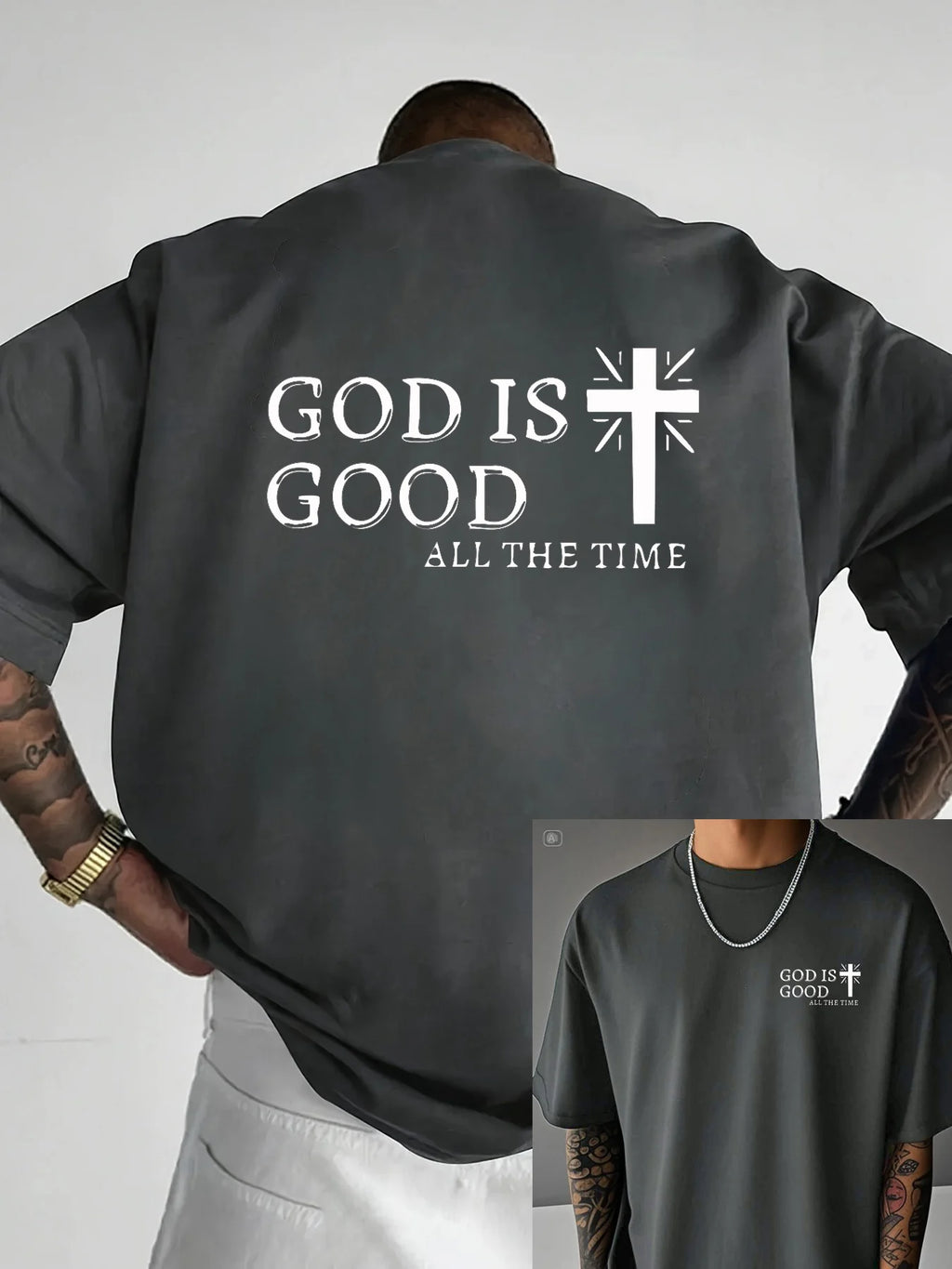 Men's Summer 100% Cotton Casual God is a Good Faith Double sided Printed Loose Sport Round Neck Short Sleeve T-shirt Versatile T