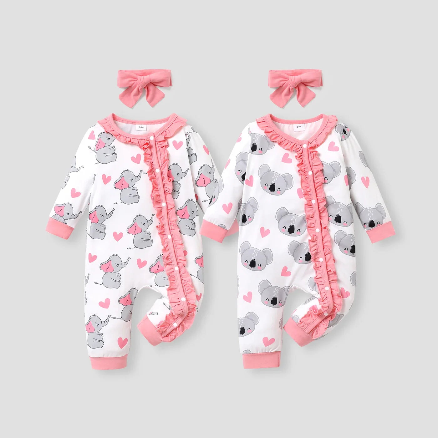 PatPat 2pcs All Over Cartoon Koala Print White Long-sleeve Ruffle Snap-up Baby Jumpsuit Set Soft and Comfortable