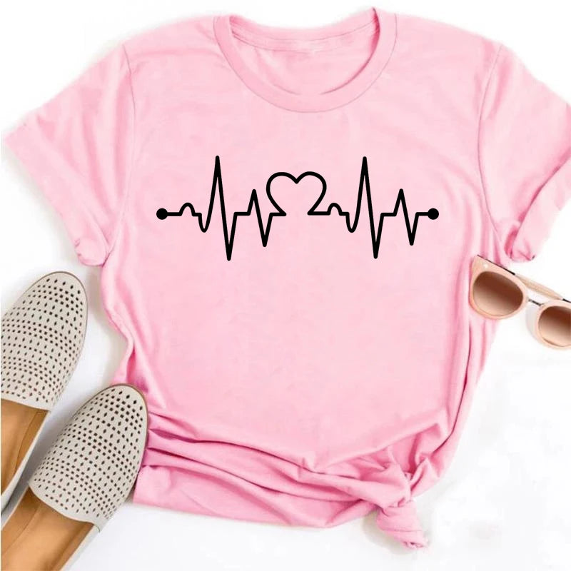 New Women T Shirt Cute Than Heart Printed T-shirt Fashion Love Heart Loose Short Sleevs Round Neck T-shirt Casual Female Tops
