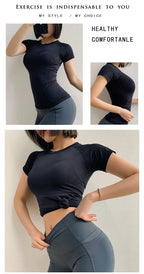 Women Yoga Shirts Sports T Shirt Summer Short Sleeve Round Neck Breathable Stretchy GYM Yoga Slim Fitness Active Top Tee