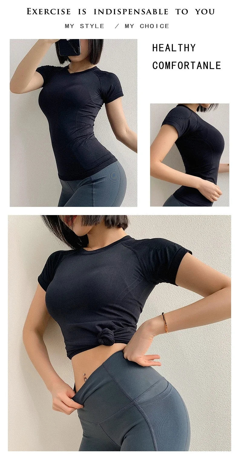 Women Yoga Shirts Sports T Shirt Summer Short Sleeve Round Neck Breathable Stretchy GYM Yoga Slim Fitness Active Top Tee