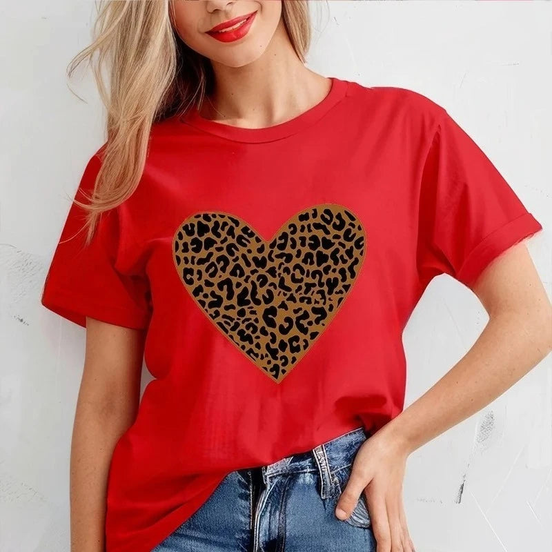New Tshirts for Women Casual T Shirts Casual Tee Clothes Valentine Leopard Love Heart Printed T-Shirts Hip Hop Street Tops