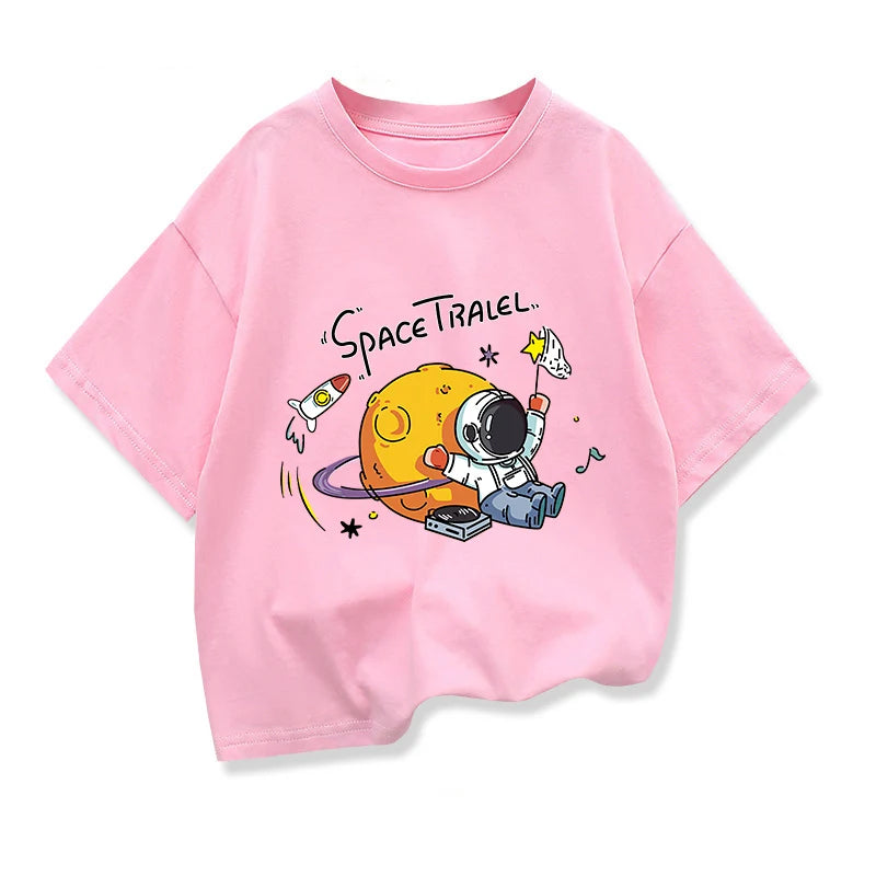 2025 New Kids Clothing Spaceman Travel Graphic Summer T-Shirt Boy And Girl Cotton Fashion Tops Teen Boys Loose Short Sleeve Tee