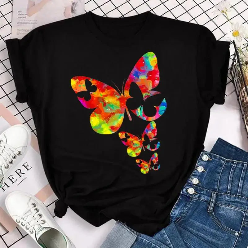 Fashion Women Men T Shirt Colorful Butterfly Petal Graphic Print T Shirt Casual Crew Neck Short Sleeve Plus Size T Shirt Unisex