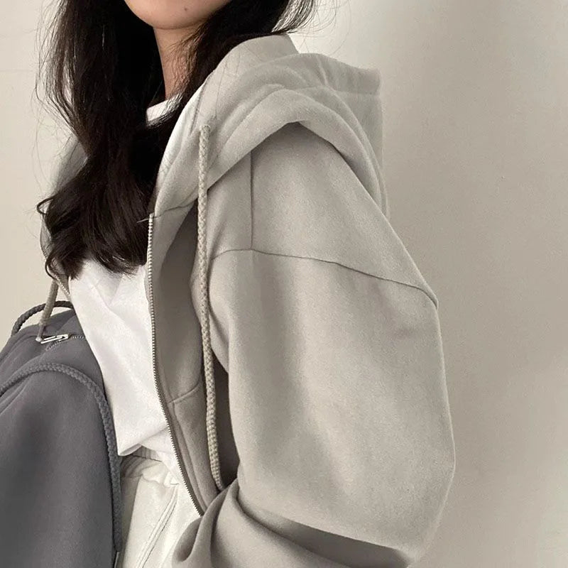 Korean Hood Shirt Women Fashion Fleece Lined Loose Hoodies Zipper Long Sleeve Crop Tops Harajuku Female Jackets Coats Sweatshirt