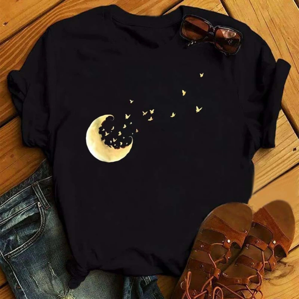 Gold and White Sun Moon Stars Print Women T Shirt Short Sleeve Women Tshirt Durable Plus-size Casual T-shirt Daily Streetwear