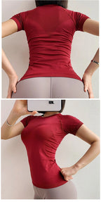Women Yoga Shirts Sports T Shirt Summer Short Sleeve Round Neck Breathable Stretchy GYM Yoga Slim Fitness Active Top Tee