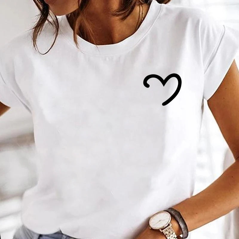New Women T Shirt Cute Than Heart Printed T-shirt Fashion Love Heart Loose Short Sleevs Round Neck T-shirt Casual Female Tops