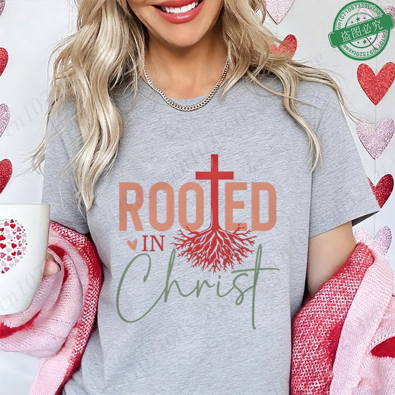 Rooted in Christ T-Shirt Women Vintage Tree Faith Root Graphic Tops Casual Christian Religious Short Sleeve Tee Female Clothing