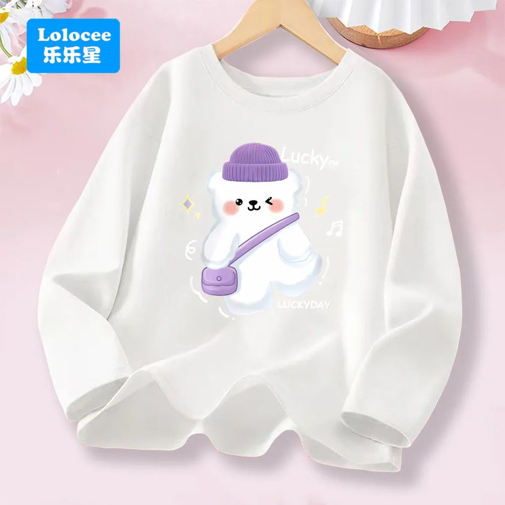 Kawaii Lovely Heart T-shirt for Girls - Cute Pink Purple Heart Print Long Sleeve Top, Kids Casual Cotton Basic Shirt