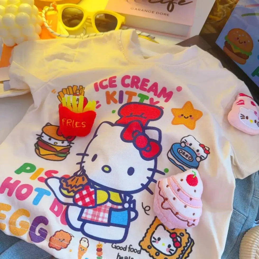 2026 Hot Sanrio Summer Baby Girls Clothes Kid Children Cute Hello Kitty Printed T-shirts Cartoon Short Sleeve Top Outfits