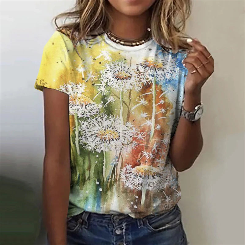 Women's T-Shirts Flowers Fashion Print O Neck Short Sleeve Tees O-Neck Personality Women Summer Harajuku Loose Female Clothing