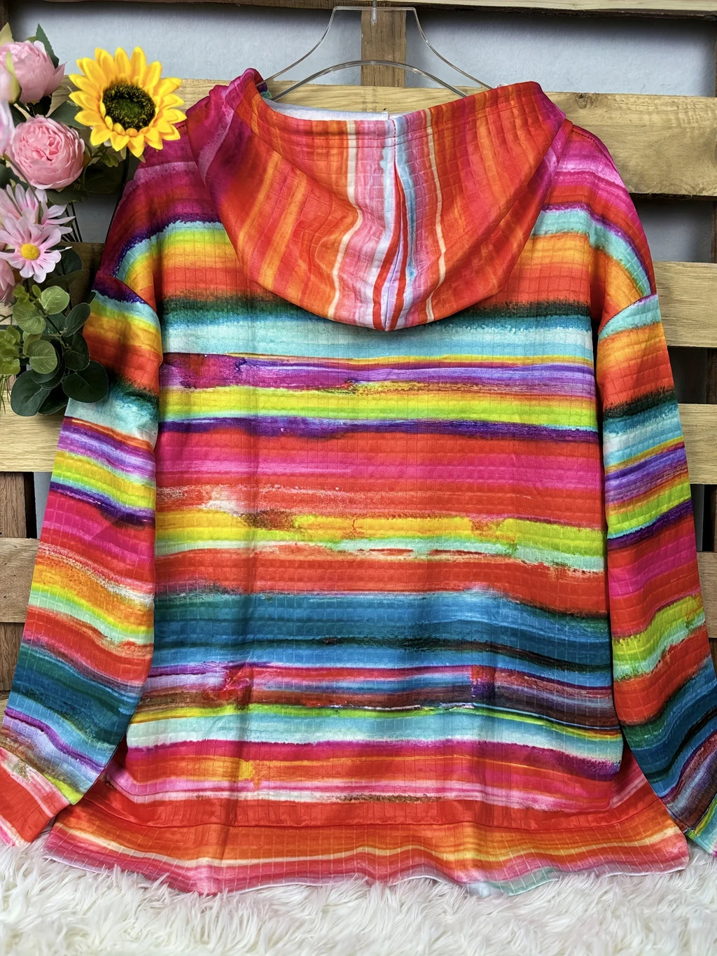 Women's Plus Size Striped Waffle Drawstring Hoodie Casual Long Sleeve Kangaroo Pocket Hooded Sweatshirt For Fall&Winter Clothing