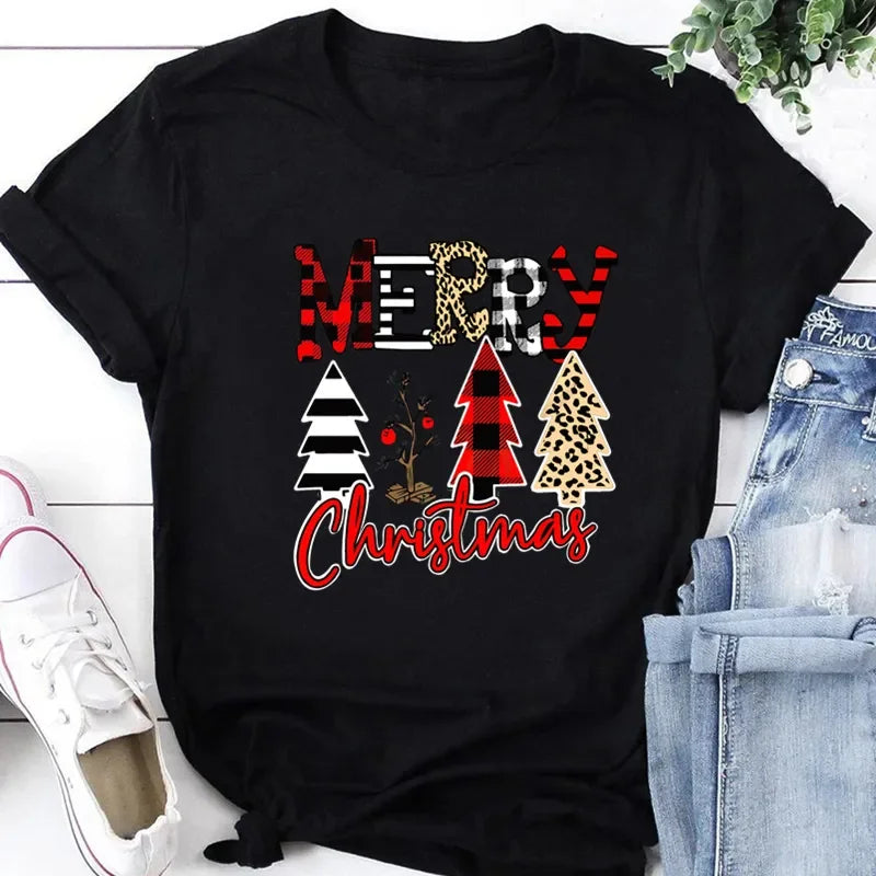 Women Tshirts Merry Christmas Tree Print Red Top Femal New Clothing Short Sleeve 90s Girls Lucky Deer T-shirts Aesthetic Clothes