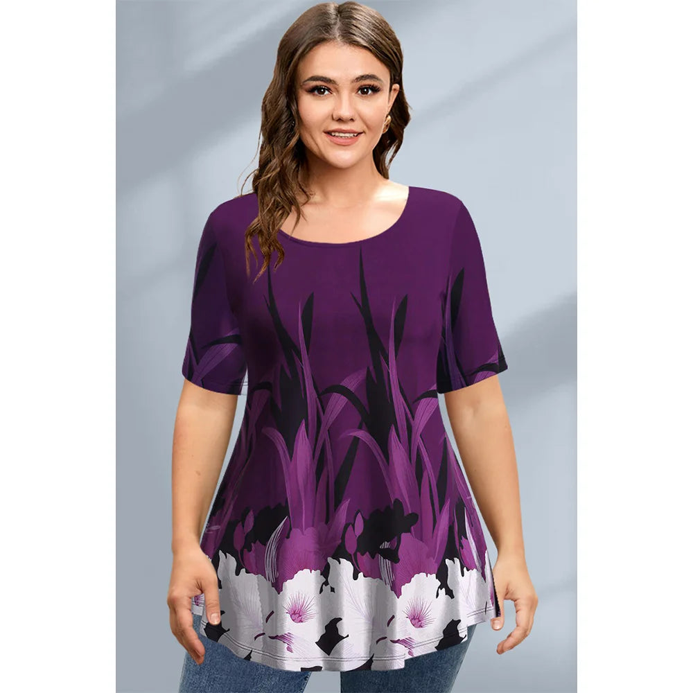 Large Size Loose Fit Women's T-shirt Summer New Short Sleeve Crewneck Tshirt Flower 3d Print Top Plus Size Ladies Clothing