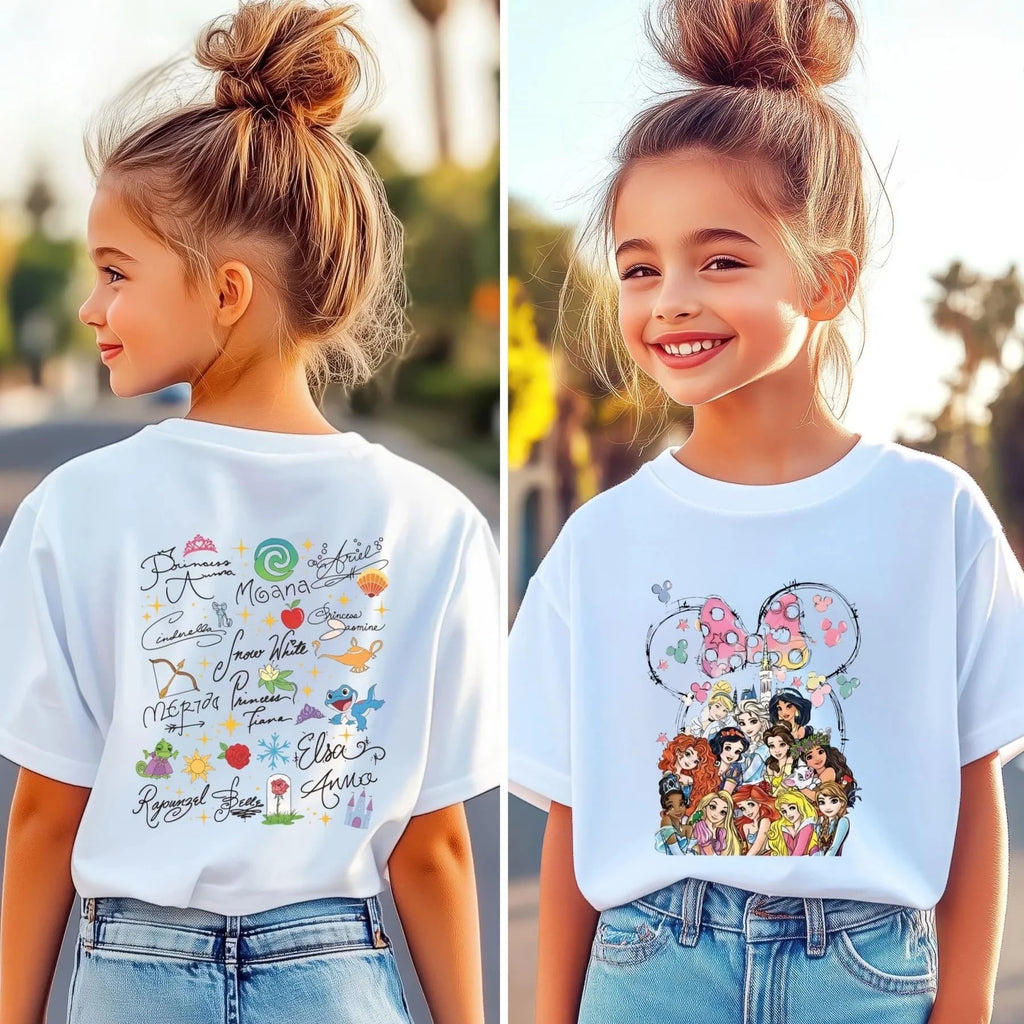 Spring Disney Princess Children's Aldult T-shirt Retro Princess Short Sleeve Double-sided Printed T-shirt Disneyland Trip Tshirt