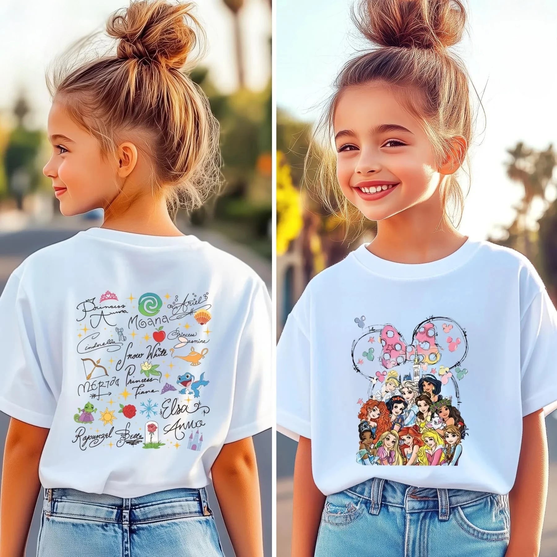 Spring Disney Princess Children's Aldult T-shirt Retro Princess Short Sleeve Double-sided Printed T-shirt Disneyland Trip Tshirt