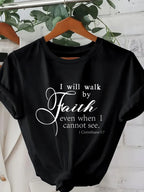 Walk By Faith Women's Tee - Bible Verse Graphic Pink Casual Top
