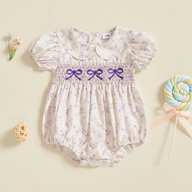 0-18M Infant Baby Girls Bowknot Embroidered Rompers Lovely Floral Print Doll Collar Short Sleeve Bubble Jumpsuits for Newborn