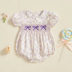 0-18M Infant Baby Girls Bowknot Embroidered Rompers Lovely Floral Print Doll Collar Short Sleeve Bubble Jumpsuits for Newborn