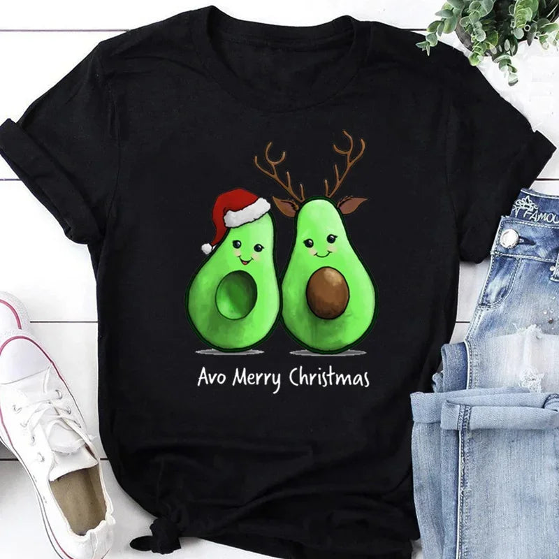 Women Tshirts Merry Christmas Tree Print Red Top Femal New Clothing Short Sleeve 90s Girls Lucky Deer T-shirts Aesthetic Clothes