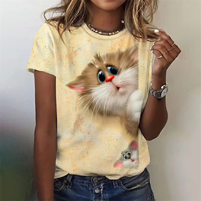 3D Printed Artistic Cat T-Shirt For Women Funny Animal Pet Pattern Tees Summer Casual Short Sleeves Loose T Shirts O-Neck Tops