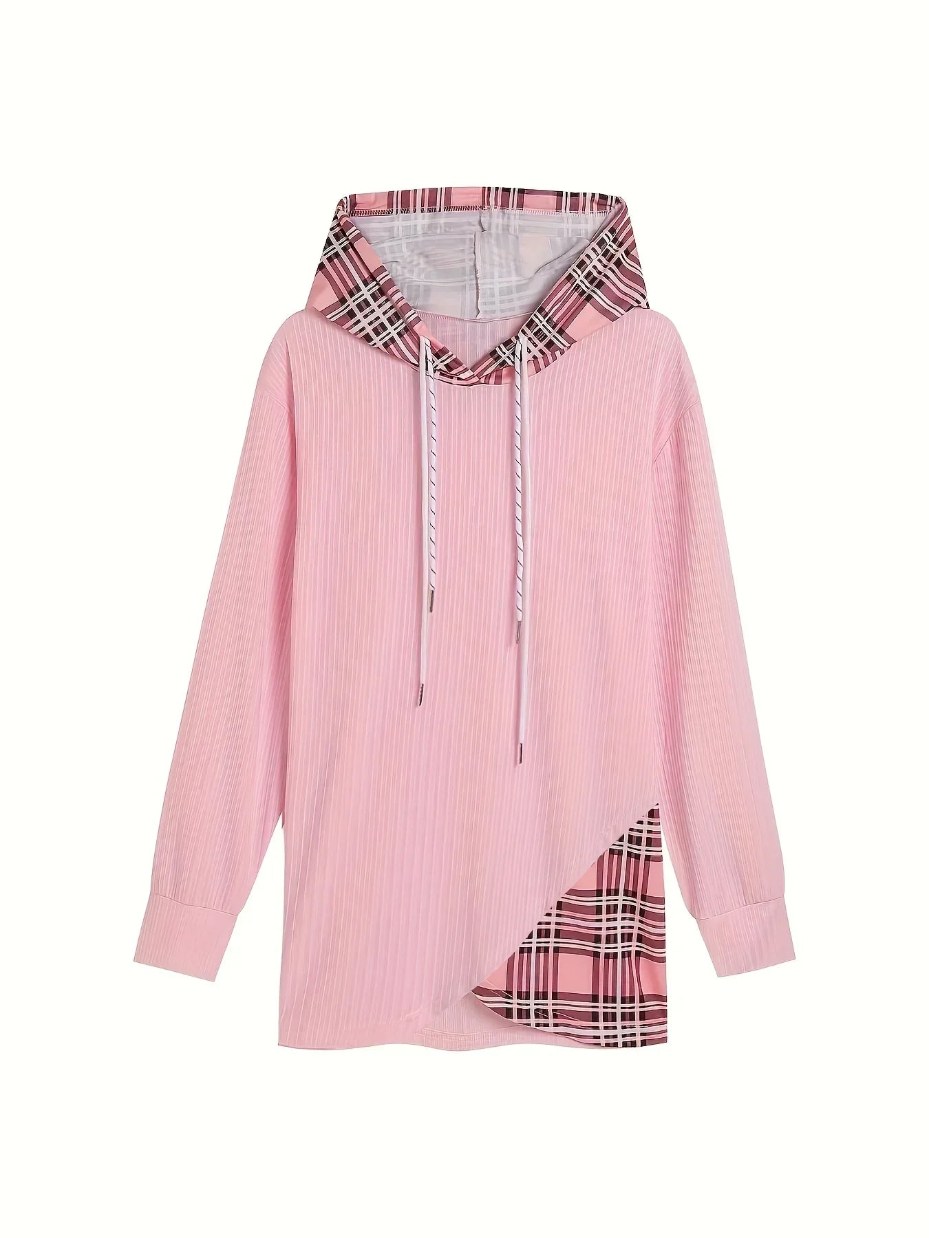 Plus Size 1XL-5XL Women Casual Hoodie Sweatshirt Pullover Long Sleeve Drawstring HoodieWomen's Colorblock Plaid Print