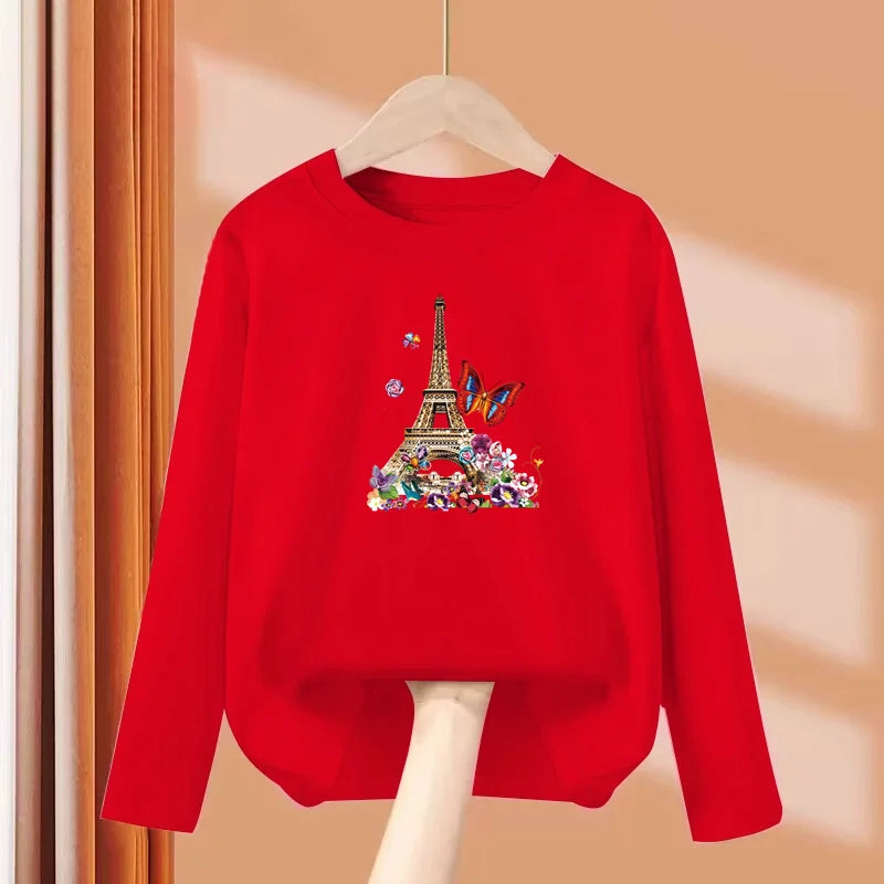 Girls New Autumn Clothes Paris Eiffel Tower T-shirt Long sleeved Cotton Tops Little Girl Butterfly Party Tees