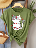 Heart Cat Women's Tee - Cute Graphic, Casual Beige Top