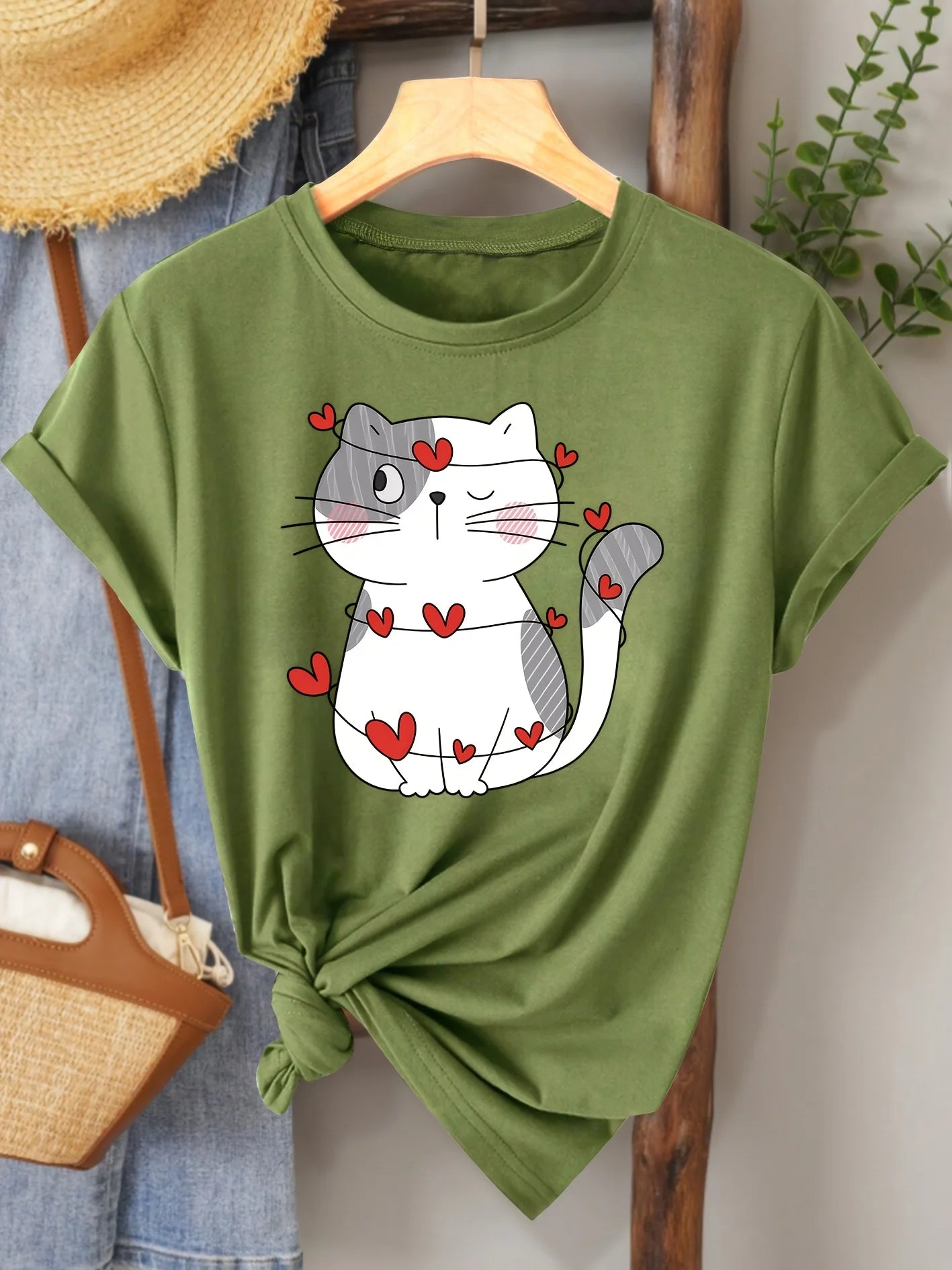 Heart Cat Women's Tee - Cute Graphic, Casual Beige Top