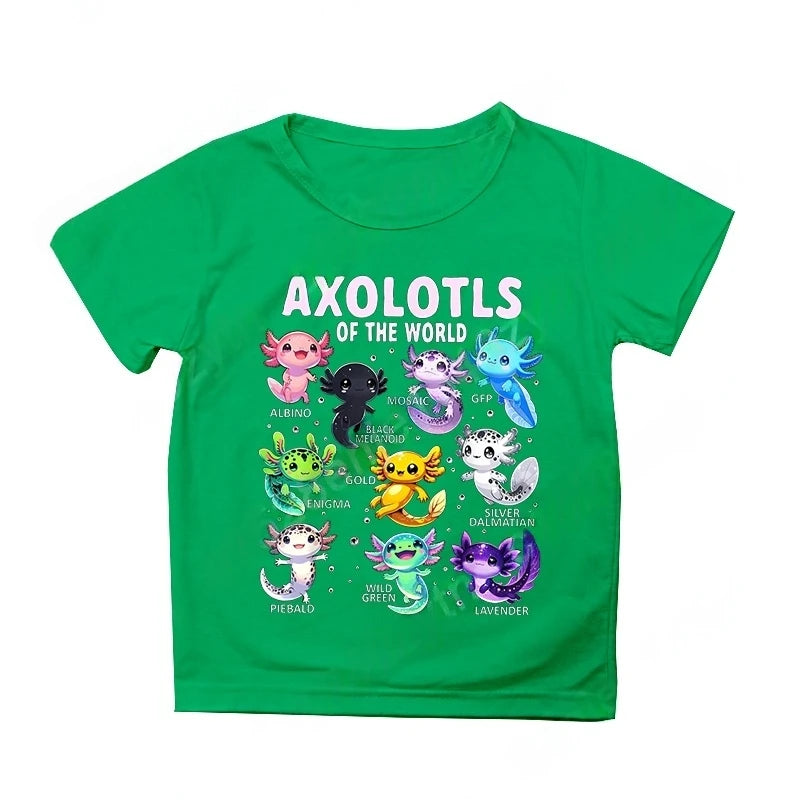 Colorful Cartoon Axolotls Graphic 3D Print T-Shirt Summer Casual Comfy Girls Clothes 2-10Y Short Sleeve T-Shirt for Children Top
