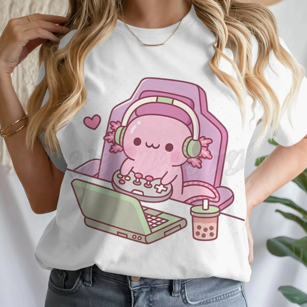 Girls' Summer Clothes Cute Axolotl Playing Games Graphic T-Shirt 3D Print Tie Dye Children's Clothing for Girl Short Sleeve Tee