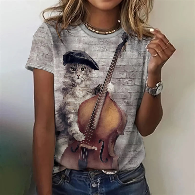 3D Printed Artistic Cat T-Shirt For Women Funny Animal Pet Pattern Tees Summer Casual Short Sleeves Loose T Shirts O-Neck Tops