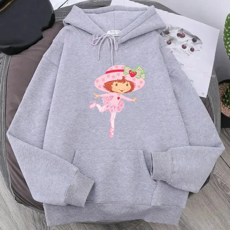 Cartoon Strawberry Women Hoodies Strawberry shortcake Hoodies Tops Long Sleeve Pockets Fashion Hooded Sweatshirts