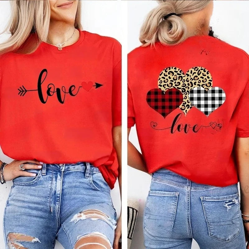 New Tshirts for Women Casual T Shirts Casual Tee Clothes Valentine Leopard Love Heart Printed T-Shirts Hip Hop Street Tops