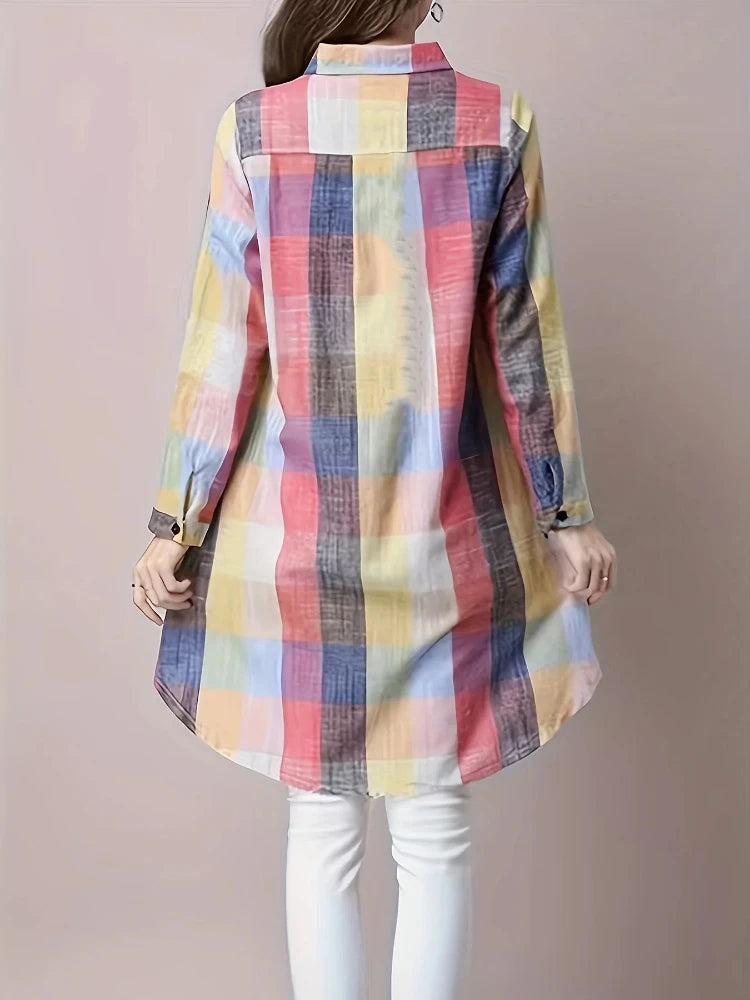 Plus Size Women's Blouses 2025 New Loose Vintage Stripe Plaid Shirt Lightweight Long Sleeve Travel Wear Elegant Top Korean Style