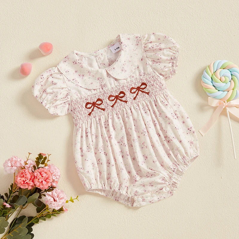 0-18M Infant Baby Girls Bowknot Embroidered Rompers Lovely Floral Print Doll Collar Short Sleeve Bubble Jumpsuits for Newborn