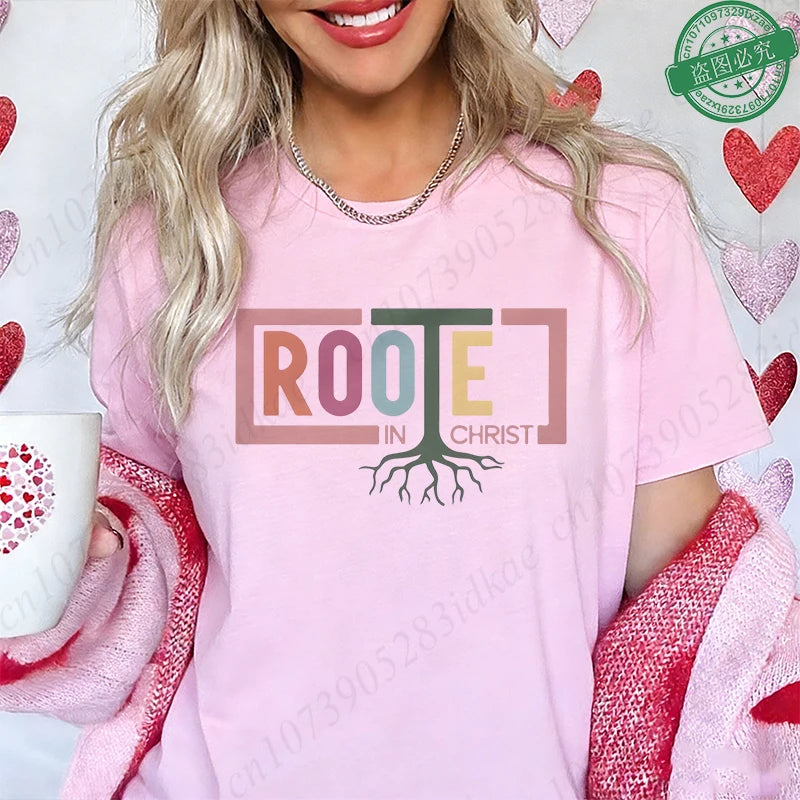 Rooted in Christ T-Shirt Women Vintage Tree Faith Root Graphic Tops Casual Christian Religious Short Sleeve Tee Female Clothing