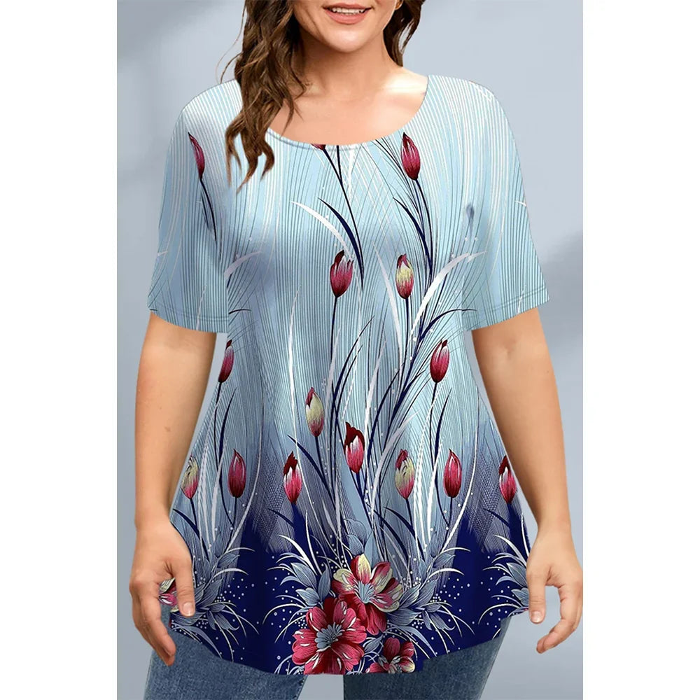 Large Size Loose Fit Women's T-shirt Summer New Short Sleeve Crewneck Tshirt Flower 3d Print Top Plus Size Ladies Clothing