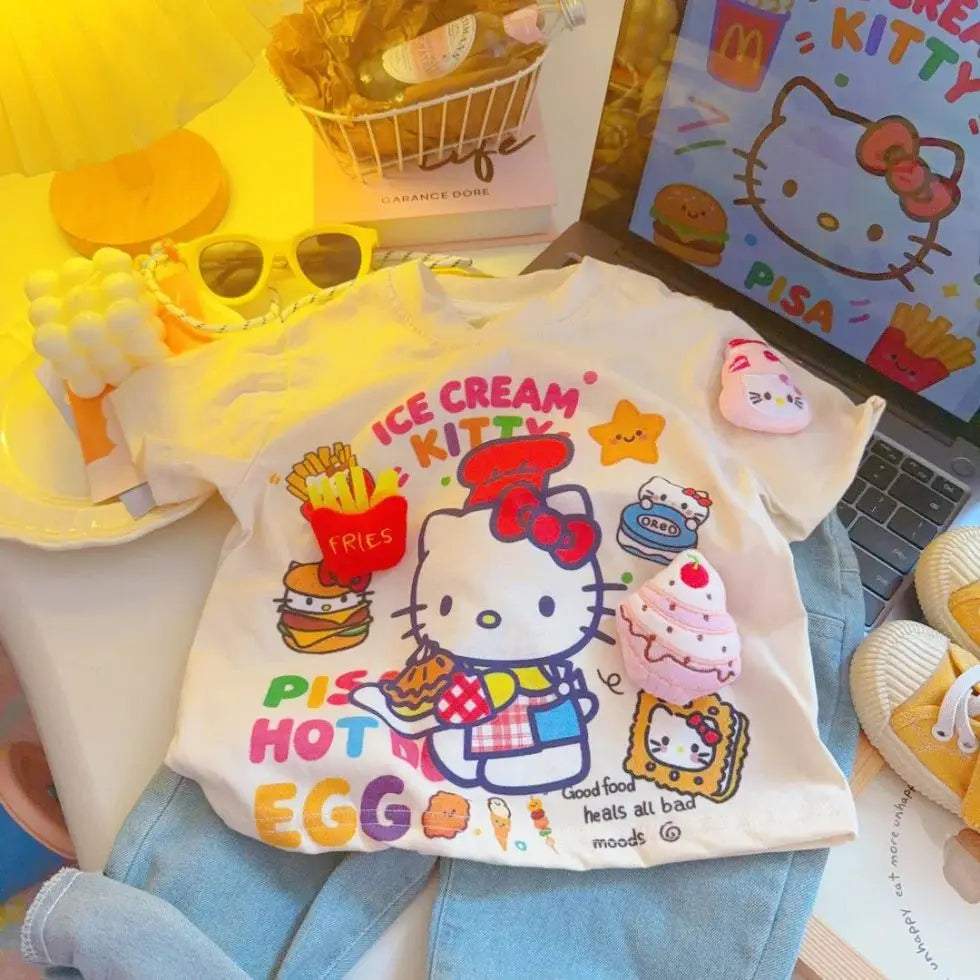 2026 Hot Sanrio Summer Baby Girls Clothes Kid Children Cute Hello Kitty Printed T-shirts Cartoon Short Sleeve Top Outfits