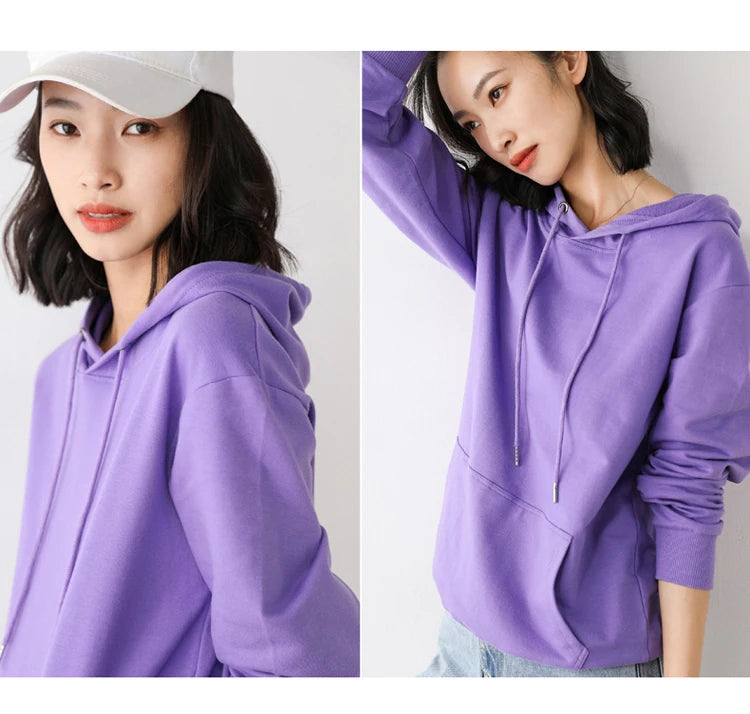 Women Hoodies 100% Cotton Spring Autumn Loose Long Sleeve Pullovers Solid Casual Ladies Outerwear Hooded Hoodie Womens Clothing