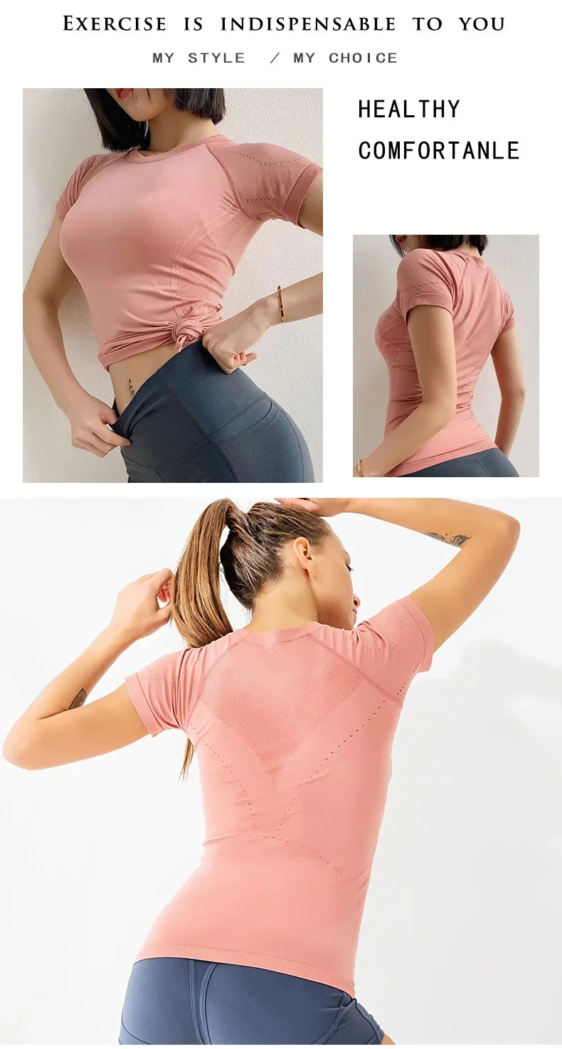 Women Yoga Shirts Sports T Shirt Summer Short Sleeve Round Neck Breathable Stretchy GYM Yoga Slim Fitness Active Top Tee