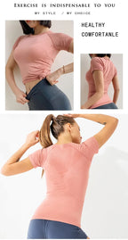 Women Yoga Shirts Sports T Shirt Summer Short Sleeve Round Neck Breathable Stretchy GYM Yoga Slim Fitness Active Top Tee
