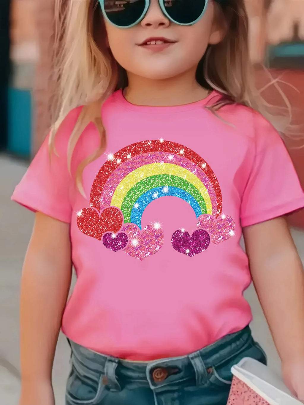 2026 Summer Fashion Girls' Pure Cotton Round Neck Short Sleeve Rainbow Heart Print T-Shirt Casual Versatile Top Trendy Clothing