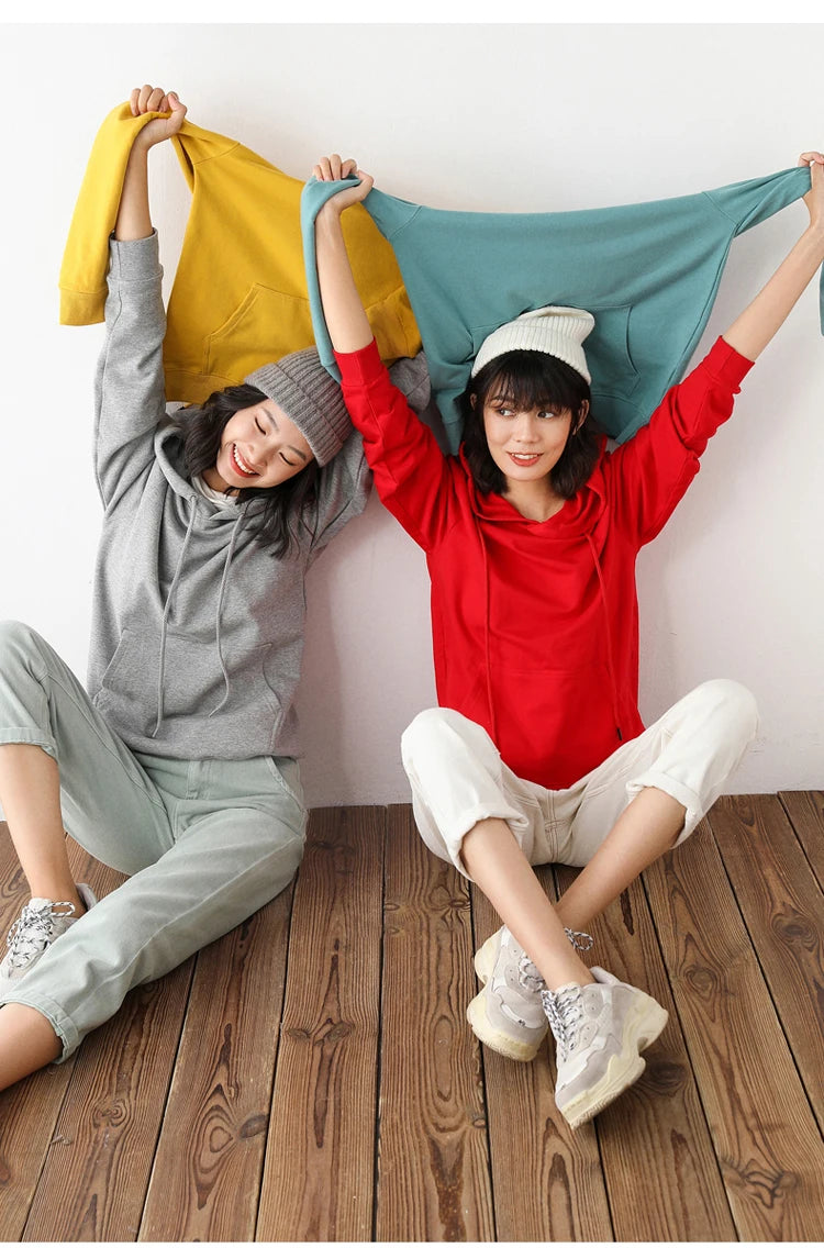 Women Hoodies 100% Cotton Spring Autumn Loose Long Sleeve Pullovers Solid Casual Ladies Outerwear Hooded Hoodie Womens Clothing