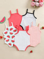 Baby Girl Spring and Summer Sweet Strap Romper with Popular Fruit Print, 5-Pack in Mixed Colors