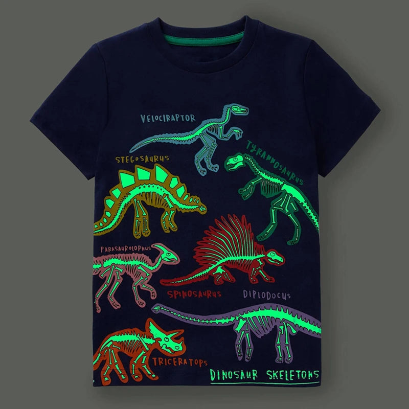Little maven 2026 New Fashion Boys T-shirt Summer Luminous Dinosaur Animal Cotton Causal Clothes Lovely Tops for Kids 2-7 year